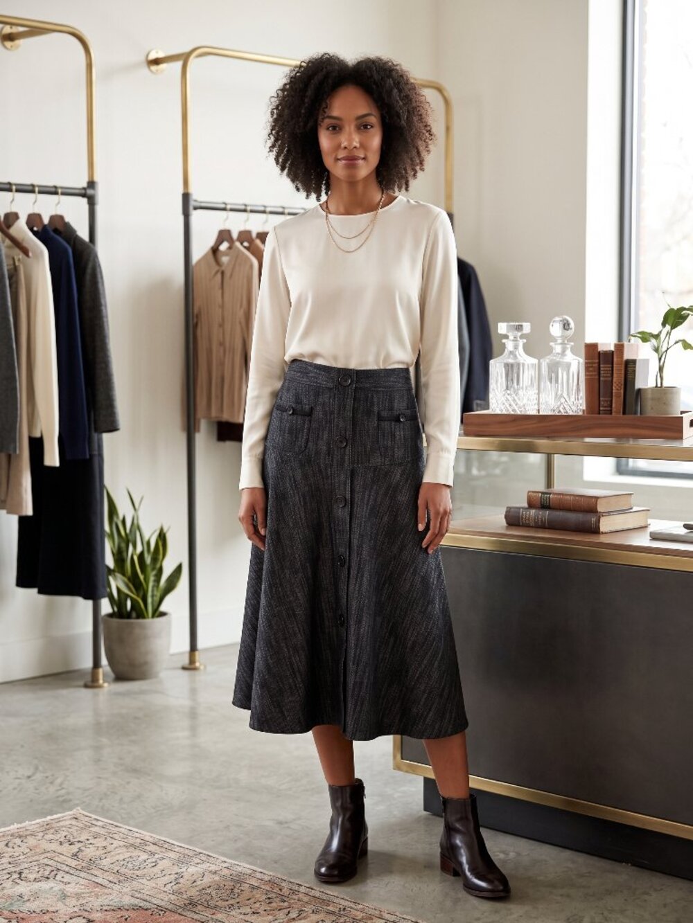 Dark Academia Textured Black A-Line Button Front Midi Skirt Pockets M